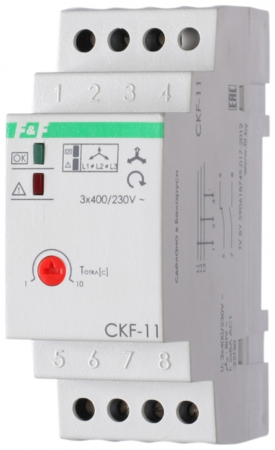 Реле контроля фаз CKF-11 для сетей с изолированной нейтралью 8А (регулировка задержки отключения; контроль чередования фаз) F&F