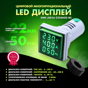 Индикатор цифровой DMS-303 LED многофунциональный (AC) 2-100А, 60-500В, 0...99Гц зеленый RUICHI