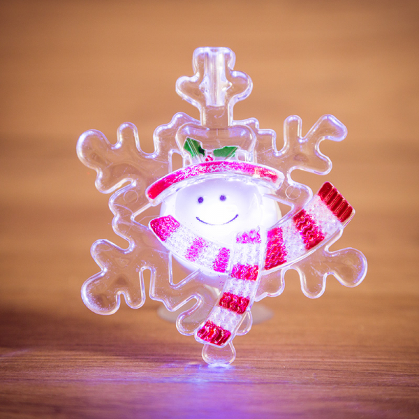 Фигура Снежинка со снеговиком на присоске (батарейки 2хCR2032 в компл.) 80х90х15мм 1LED 6В IP20 RGB NEON-NIGHT