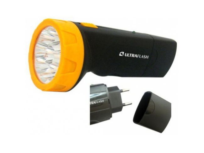 Фонарь светодиодный ручной аккум. LED 3829 (220В черн./жел. 9 LED SLA пласт. коробка) Ultraflash