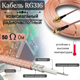 Кабель коаксиальный RG316 радиочастотный, 50 Ом устойчивый к высоким температурам, 1 метр